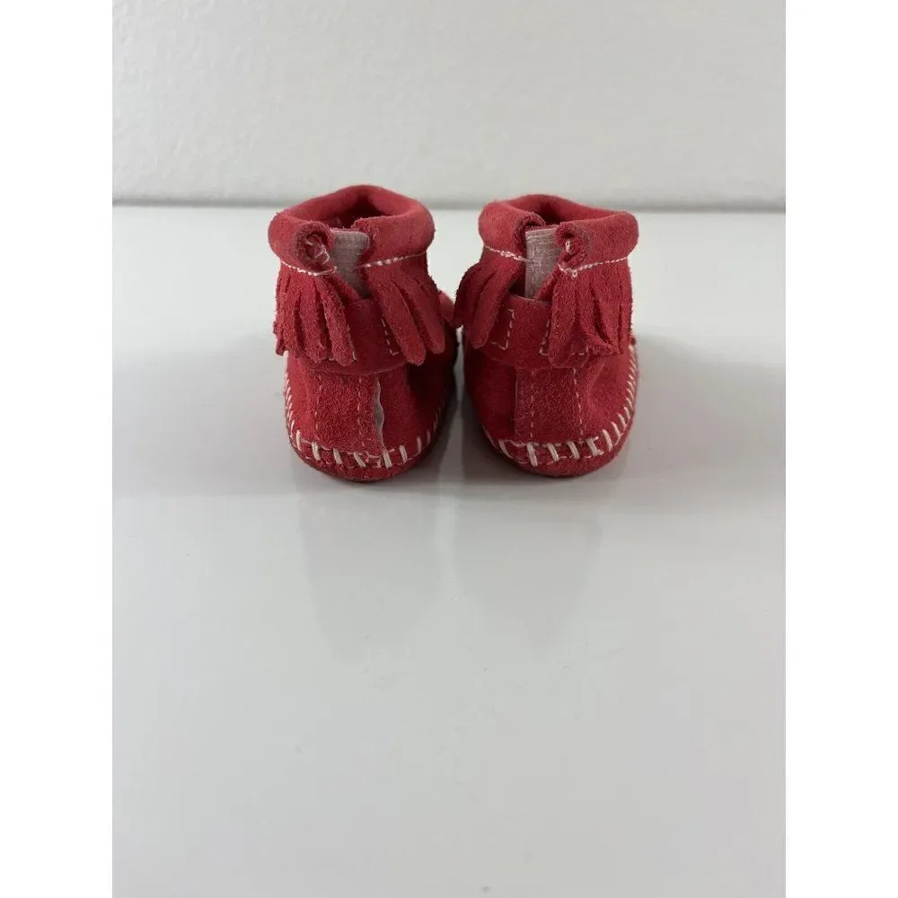 Minnetonka Infant Back Flap Suede Fringe Bootie Moccasins Baby Size 1 Red Pink